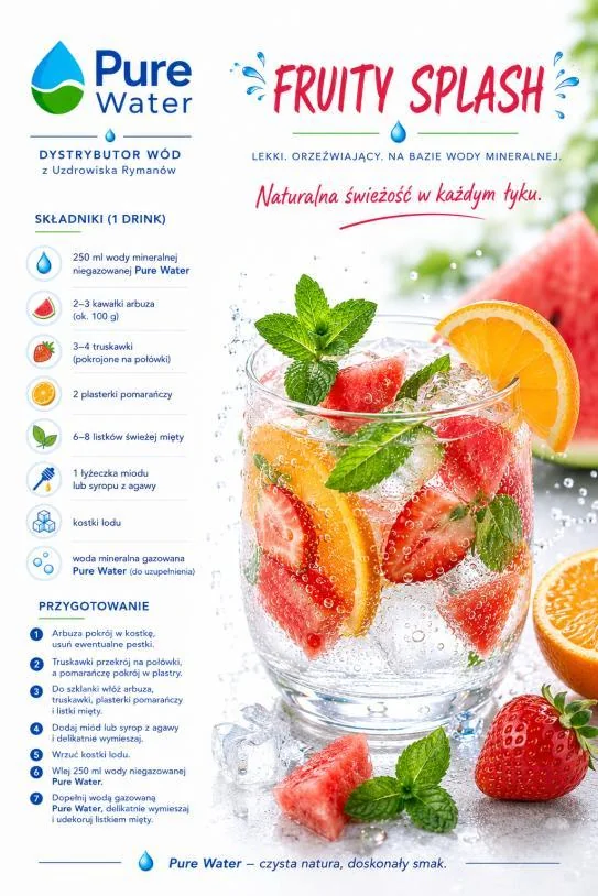 Fruity Splash — arbuz, truskawki i pomarańcza w szklance z wodą mineralną Pure Water