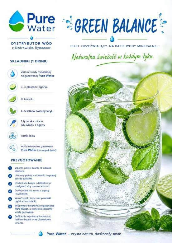 Green Balance — ogórek, limonka i bazylia w szklance z wodą mineralną Pure Water