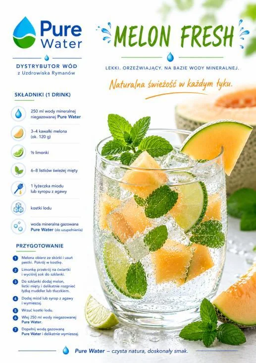 Melon Fresh — melon, limonka i mięta w szklance z wodą mineralną Pure Water